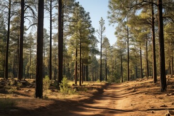 Serene dirt trail meanders through a sunlit pine forest, evoking peace and tranquility
