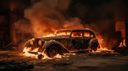 Obraz premium Intense Vehicle Fire Captured At Night, Highlighting The Fury Of Flames. Generative AI