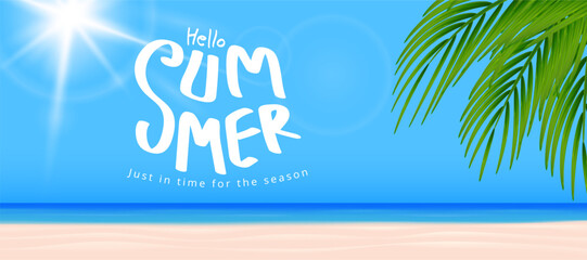 summer sale banner template with beach and sea water, palm leaves and blue sky with clouds.