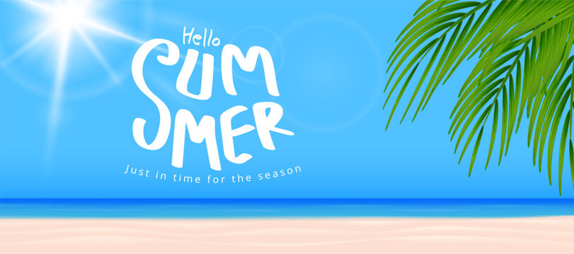 summer sale banner template with beach and sea water, palm leaves and blue sky with clouds.