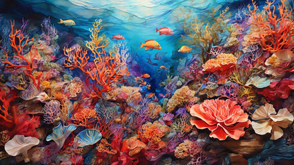 Silk painting: A captivating, underwater scene, with a lush coral reef, diverse marine life, and a...
