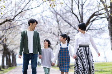 桜並木の下を歩く家族