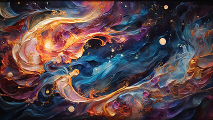 Silk painting: An atmospheric, celestial nightscape, featuring a starry sky, swirling galaxies, and...