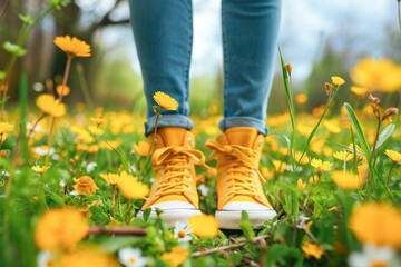 A person wearing yellow shoes stands in a field of yellow flowers