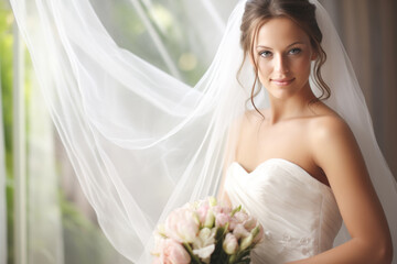 Naklejka premium A bride is standing in front of a window with a veil on her head