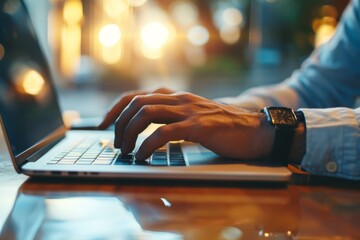 Close-up of a business man working on a laptop, typing with his hands for work in an office 
, AI-generated