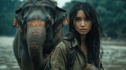 Obraz premium Animal Lover photo of a beautiful asian girl bonding with elephant.. Fictional Character Created By Generative AI. 