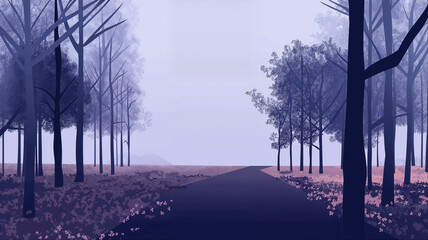 Mystical forest path in purple morning mist, Imaginative exploration on tranquil road in pastel ethereal nature scene