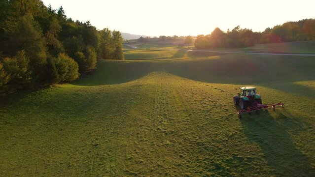 AERIAL: Rear view of tractor turning mowed hay with hay tedder in autumn morning. Farmer aerating grass to speed up drying as part of haymaking process. Raking and tedding hay in beautiful light.