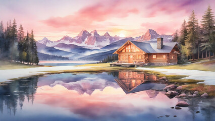 Obraz premium Watercolor painting: A peaceful, Alpine landscape at dusk, with snow-capped mountains reflecting in a glassy lake, a cozy log cabin nestled among evergreen trees, and a sky filled with soft,