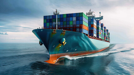 Aerial top view of cargo container business ship, global express in the ocean, logistic freight shipping and transportation, container cargo maritime ship with Generative AI