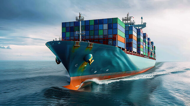 Aerial top view of cargo container business ship, global express in the ocean, logistic freight shipping and transportation, container cargo maritime ship with Generative AI