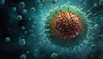 Detailed illustration of a corona virus in a dark backdrop, depicting its structure and characteristics