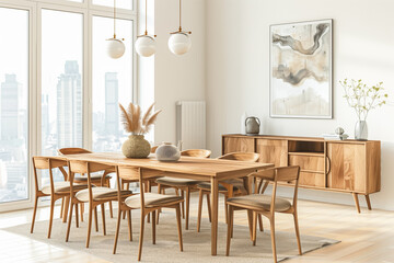 Scandinavian dining room interior with a wooden table and chairs, a cabinet, white walls, large windows with a city view, decorative art style painting, ceiling lamps. 