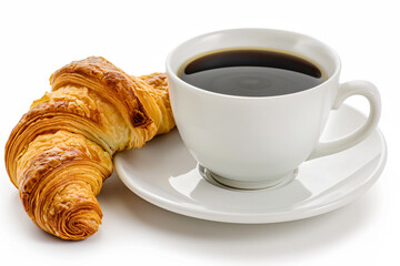 a cup of coffee and a croissant on a saucer