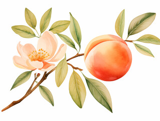 Hand drawn watercolor painting isolated on white background. Vector illustration of fruit peach and peach leaves.