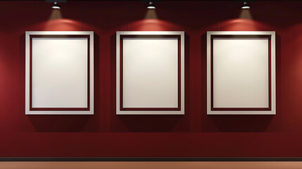 An interior design showcase featuring three white frames on a deep red wall under spotlights.