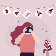 Photographer woman. Photo equipment. Female character with camera. Studio photography. Woman freelancer, artist close up view.