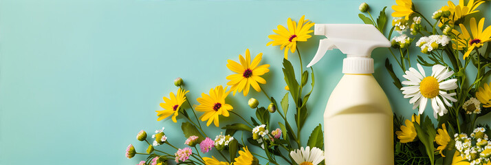 Cleaning spray bottle on blue background with spring flowers. Cleaning service banner with copy space. Spring cleaning service.