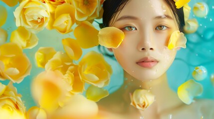 Asian Woman in Floral Bath with Yellow Roses and Petals