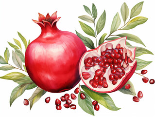 Pomegranate with leaves and seeds. Hand drawn watercolor painting isolated on white background. Botanical illustration of fruit pomegranate.
