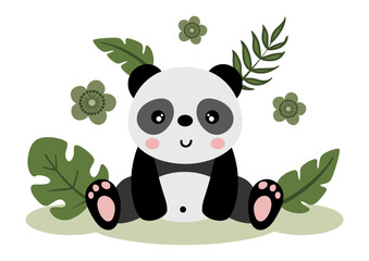 Cute panda in the jungle with leaves