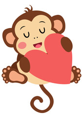 Cute monkey sitting holding a big heart