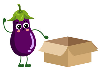 Funny eggplant character mascot with open cardboard box