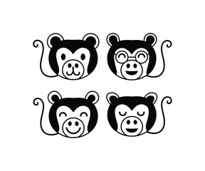 monkey cute face head animal happy smile cartoon drawing icon vector black white illustration collections sets