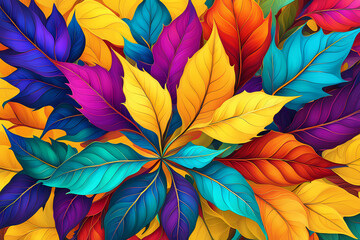 Fototapeta premium Abstract Euphoria: A Lively Confluence of Colorful Leaves and Geometric Beauty on a Yellow Canvas