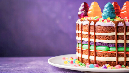 Festive birthday delight, layered cake, vibrant sprinkles, candies, chocolate tiers, whipped cream.