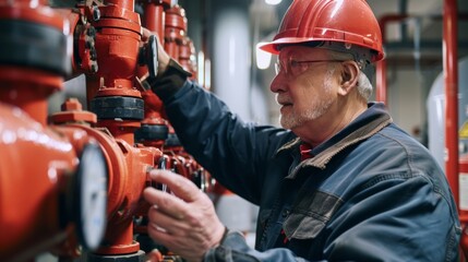 Experienced engineer conducts a routine check on a fire protection sprinkler system