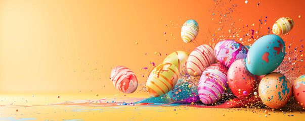 Dynamic Easter egg display lively paint splatters, adding visual excitement, orange background.