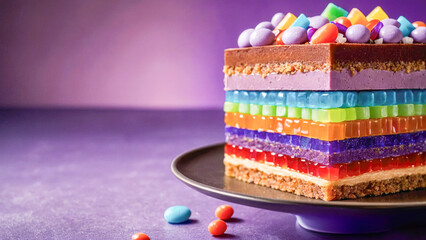 Festive birthday masterpiece multi-tiered cake with colorful candies, chocolate tiers, whipped cream