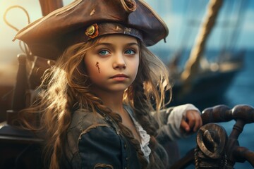 Child dressed as a pirate with a tricorn hat stands at the helm of a ship at sunset - Powered by Adobe