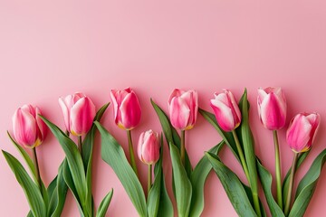 Flat lay of pink tulips on a pastel background