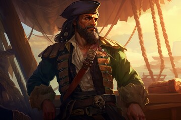 Illustrated pirate captain with a rugged beard stands proudly on his ship deck during a golden...