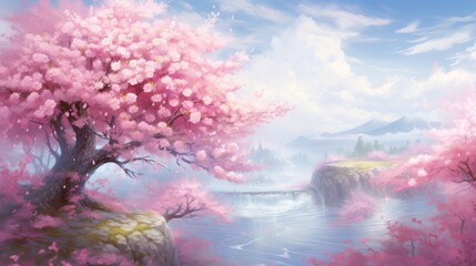 Cherry blossom watercolor illustration - Generative AI. Pink, cherry, blossom, river.