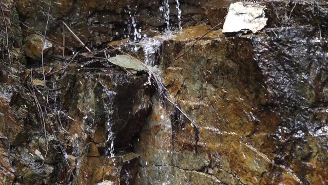 ripresa in tempo reale ed in primo piano di una piccola cascata in un ambiente naturale di montagna, illuminato dal sole, di giorno, in primavera