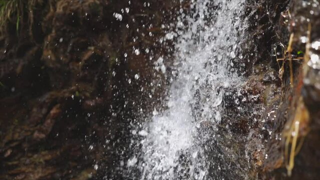 ripresa in tempo reale ed in primo piano di una piccola cascata in un ambiente naturale di montagna, illuminato dal sole, di giorno, in primavera