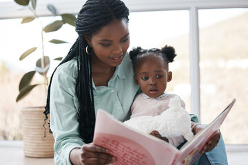 House, baby and mother reading a book, relax and bonding together with happiness, language and storytelling. Childhood, black family and parent with love, mama and kid with fairytale and learning