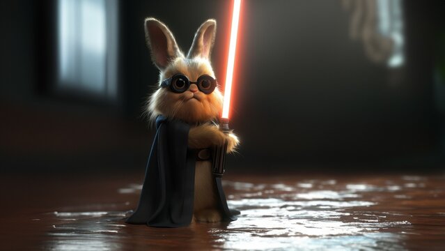 Osterhase mit Gewand und Lichtschwert im Wald