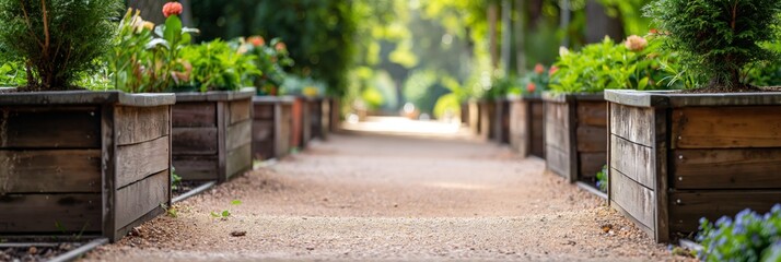 A tranquil long stretch of a park pathway lined symmetrically with wooden planter boxes filled with various greens