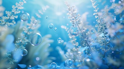 A 3D illustration featuring a blue underwater scene with bubbles and aquatic plants