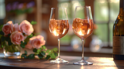 Glasses of rose wine on the table, use very light colors, magazine style, to deliver an exceptional level of detail and sharpness.