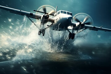 Dramatic depiction of a twin-engine airplane performing an emergency landing on water at dusk