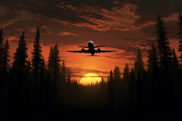 Plane flies against a stunning sunset sky, soaring above the darkened silhouettes of forest trees