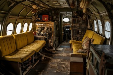 Cozy retro-style lounge inside a classic airplane with yellow sofas and cockpit view