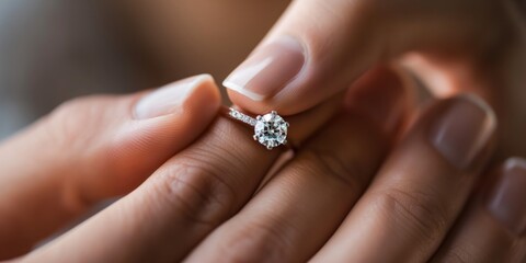 Close-up shot of a woman's hands wearing an elegant diamond ring symbolizing love and commitment The focus on the sparklin