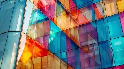 Fototapeta premium A close-up photograph of an extra-large building made of colored glass with wave-like patterns